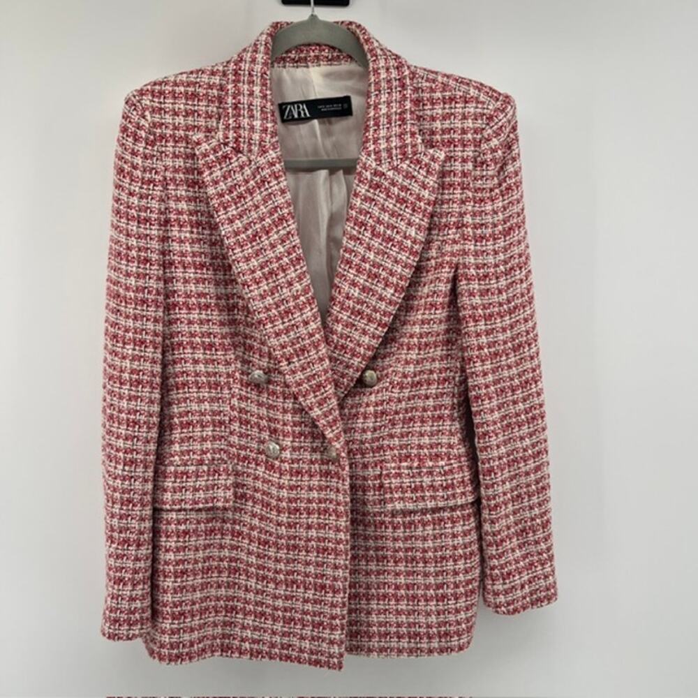 ZARA Double Breasted Notch Collar Blazer Jacket Womens S Textured Red NavyOffice